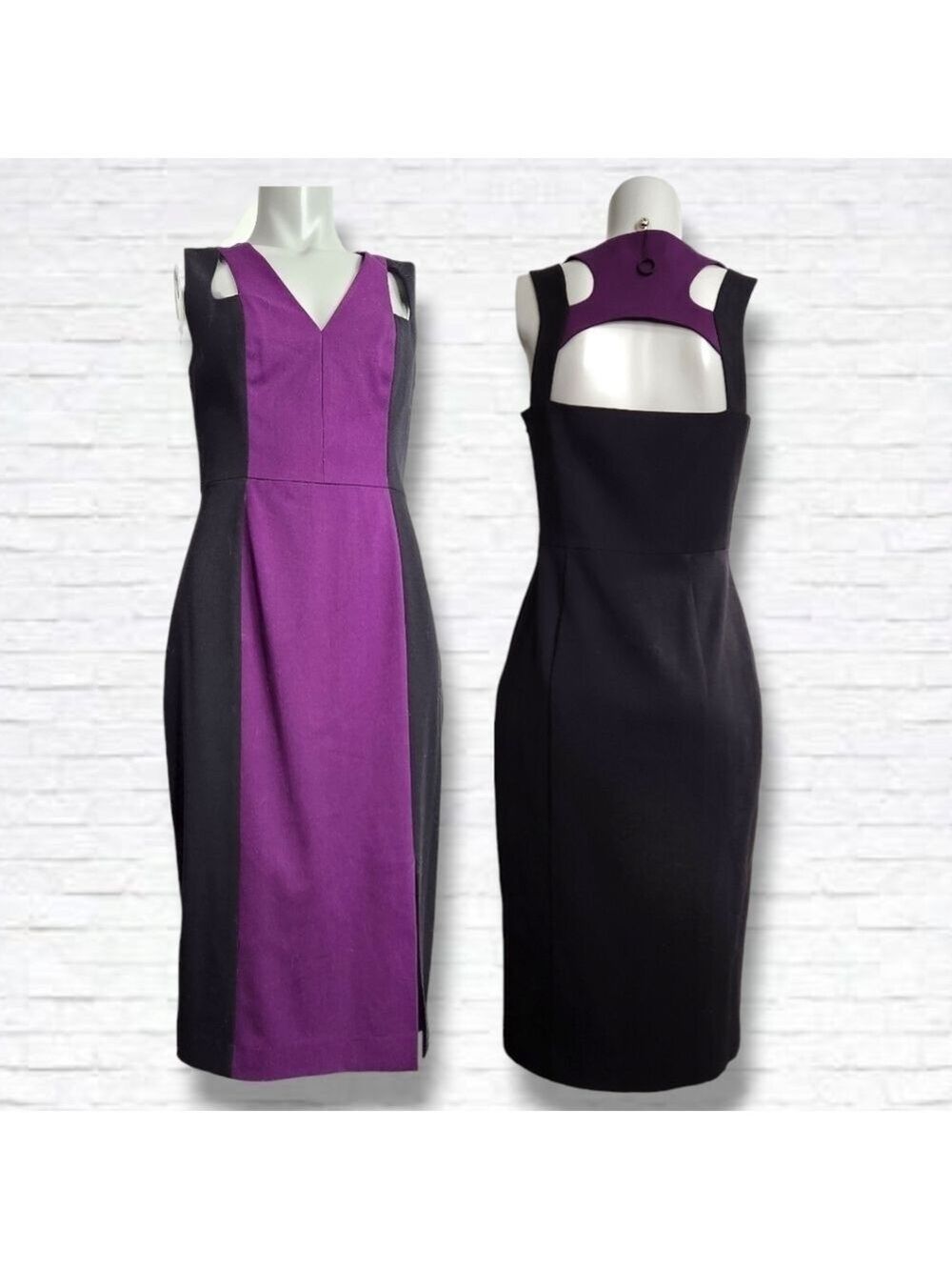 NEW! Black Halo Purple and Black Cut Out Form Fitting Midi Dress Size 6 NWOT